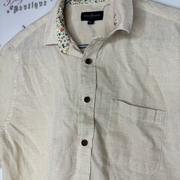 Rue saint Patrick Montreal button down tshirt top cream linen lightweight floral - Picture 5 of 9